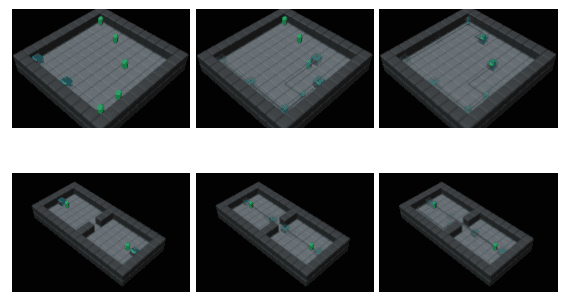 Grid of two gridworld scenarios in a three-dimensional space.