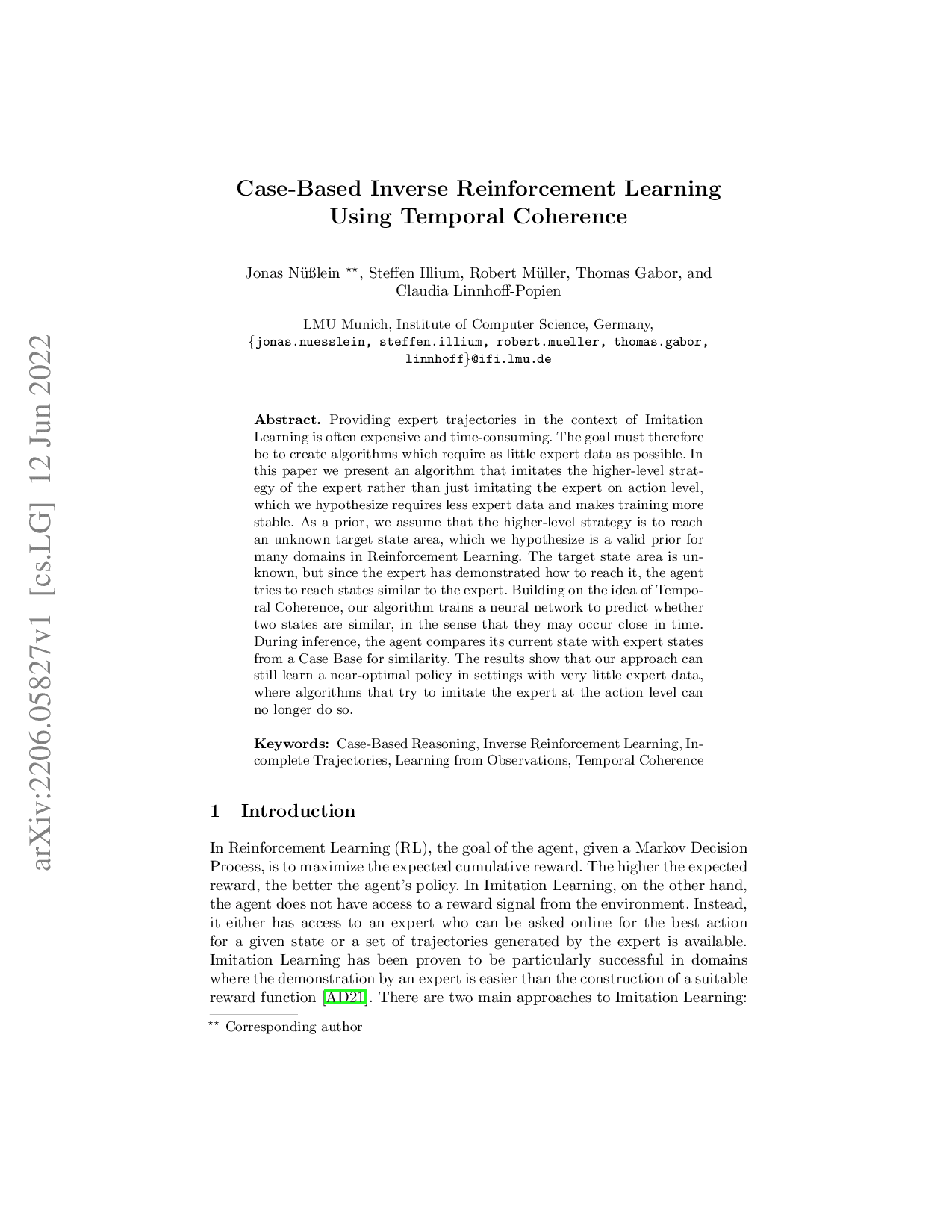 Preview for Case-based inverse reinforcement learning using temporal coherence